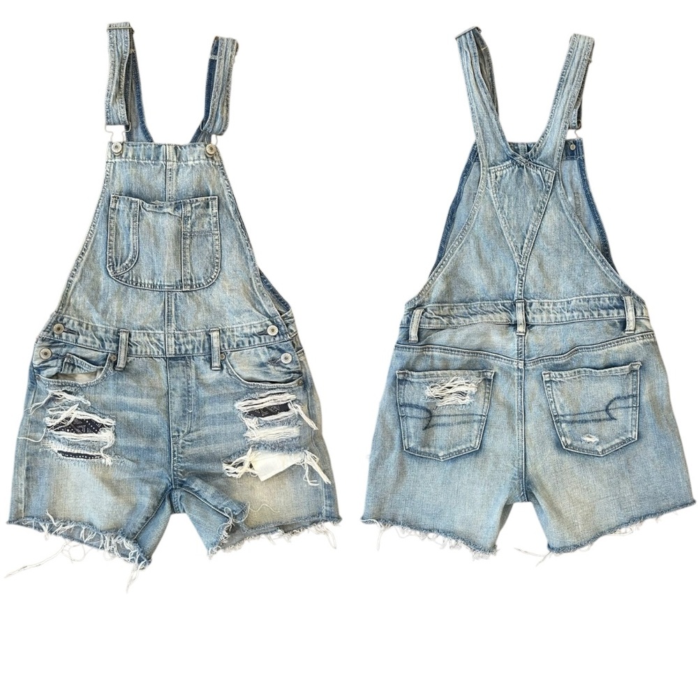 American Eagle TOMGIRL SHORTALL Faded Distressed Raw Hem Ripped Overalls Size XS